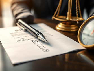 A close-up of a clipboard with a checklist, a silver pen, a clock, and a scale symbolising justice, suggesting legal documentation or review.